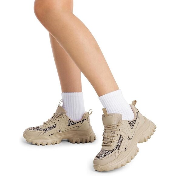 Women Tan Fashion Sneakers Bold Lace-Up Comfortable Sneakers - Picture 5 of 7